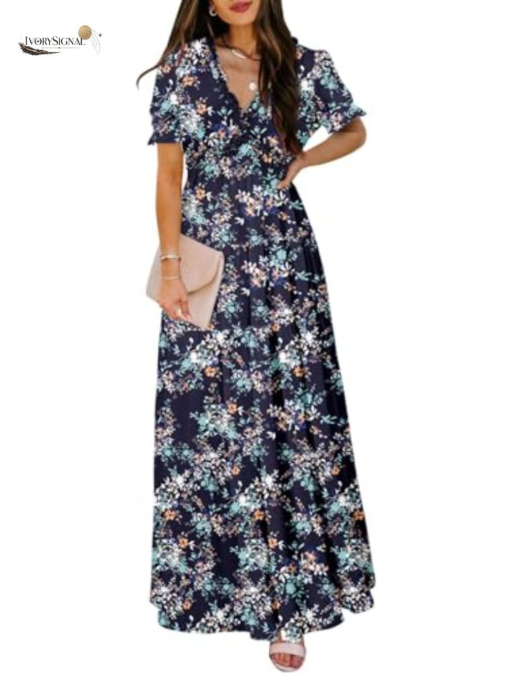 Womens Boho Floral Printed V Neck Short Sleeve Maxi Dress Ruched Evening